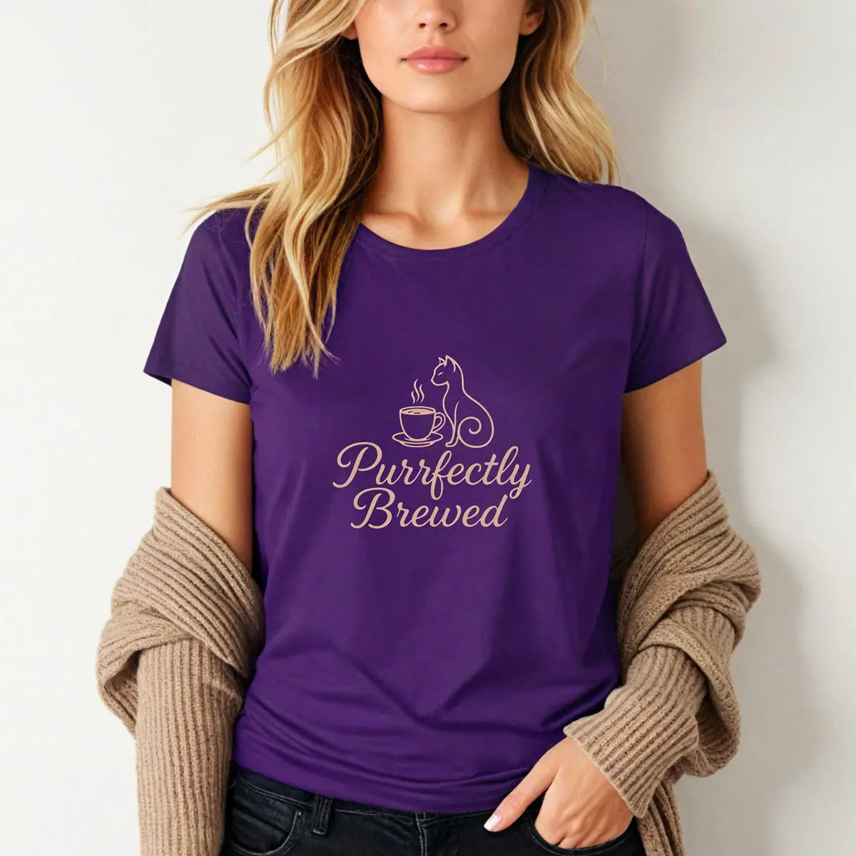 Purrfectly Brewed Tee — Women's Cat Coffee Lovers Shirt Printify