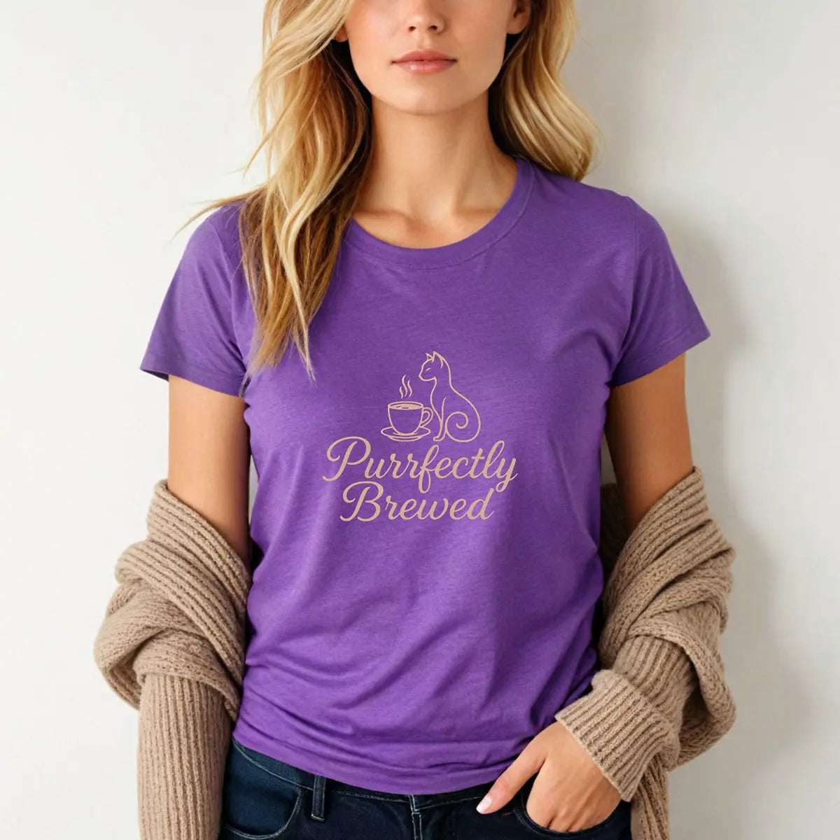 Purrfectly Brewed Tee — Women's Cat Coffee Lovers Shirt Printify