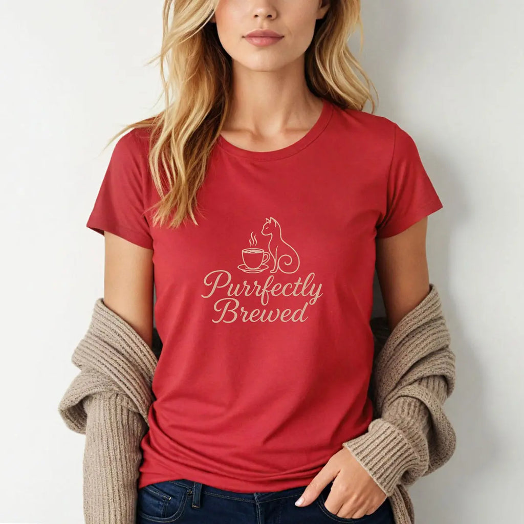 Purrfectly Brewed Tee — Women's Cat Coffee Lovers Shirt Printify