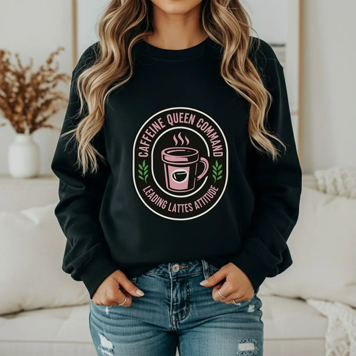 Coffee Crewneck Sweatshirt — "Caffeine Queen Command" Latte Lovers Pullover Printify