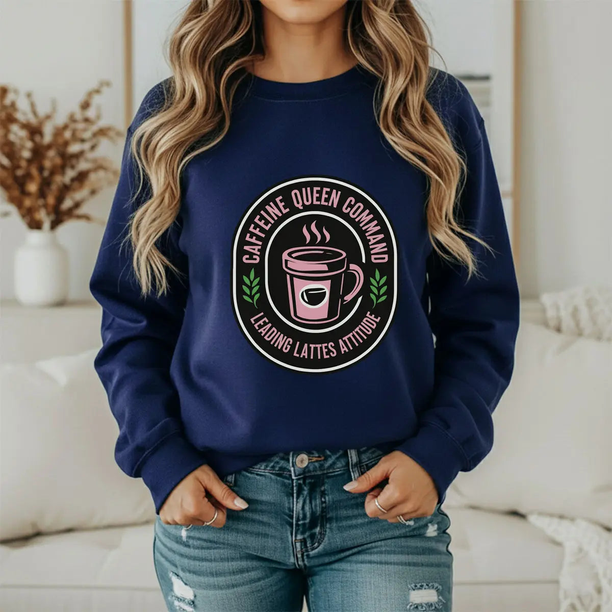 Coffee Crewneck Sweatshirt — "Caffeine Queen Command" Latte Lovers Pullover Printify