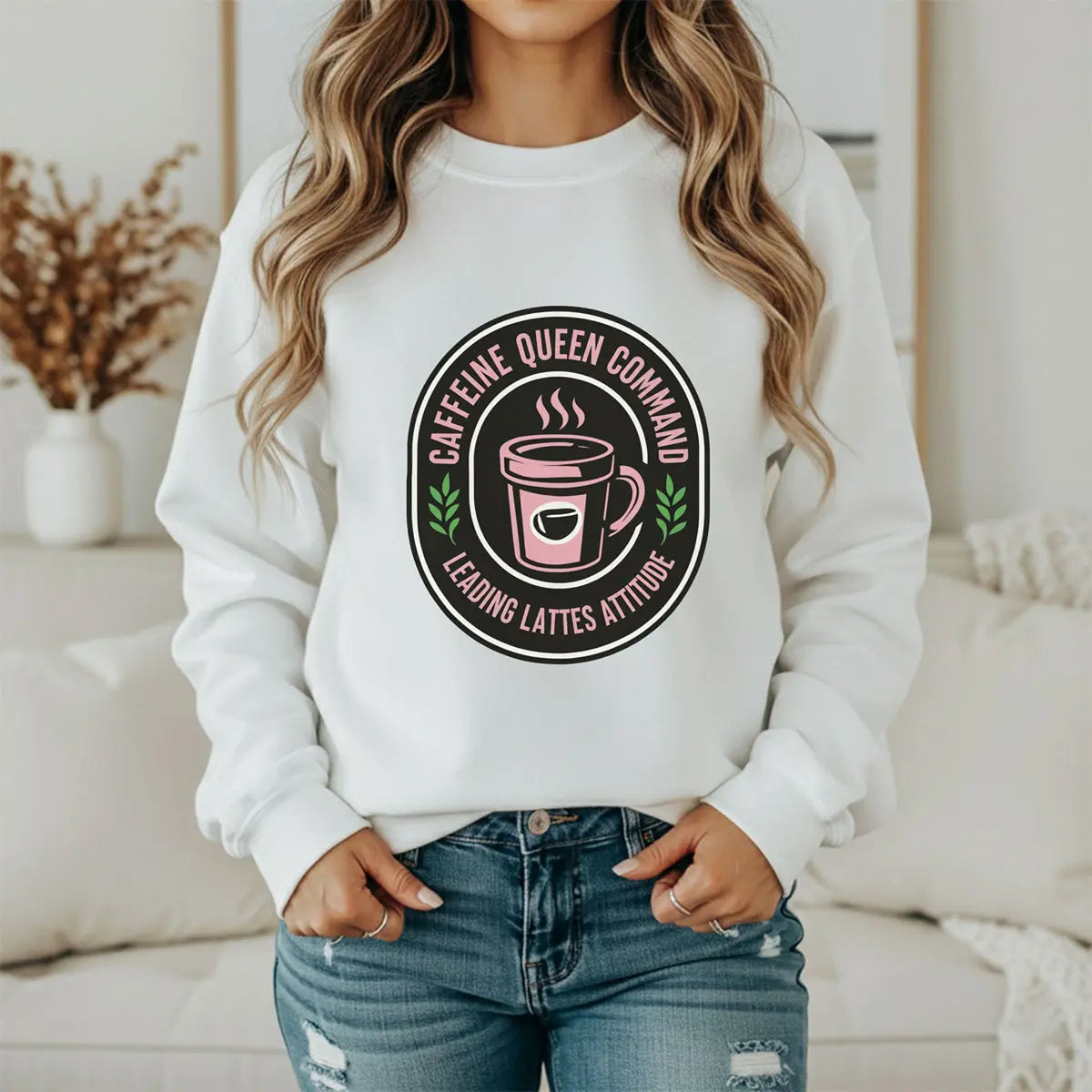 Coffee Crewneck Sweatshirt — "Caffeine Queen Command" Latte Lovers Pullover Printify