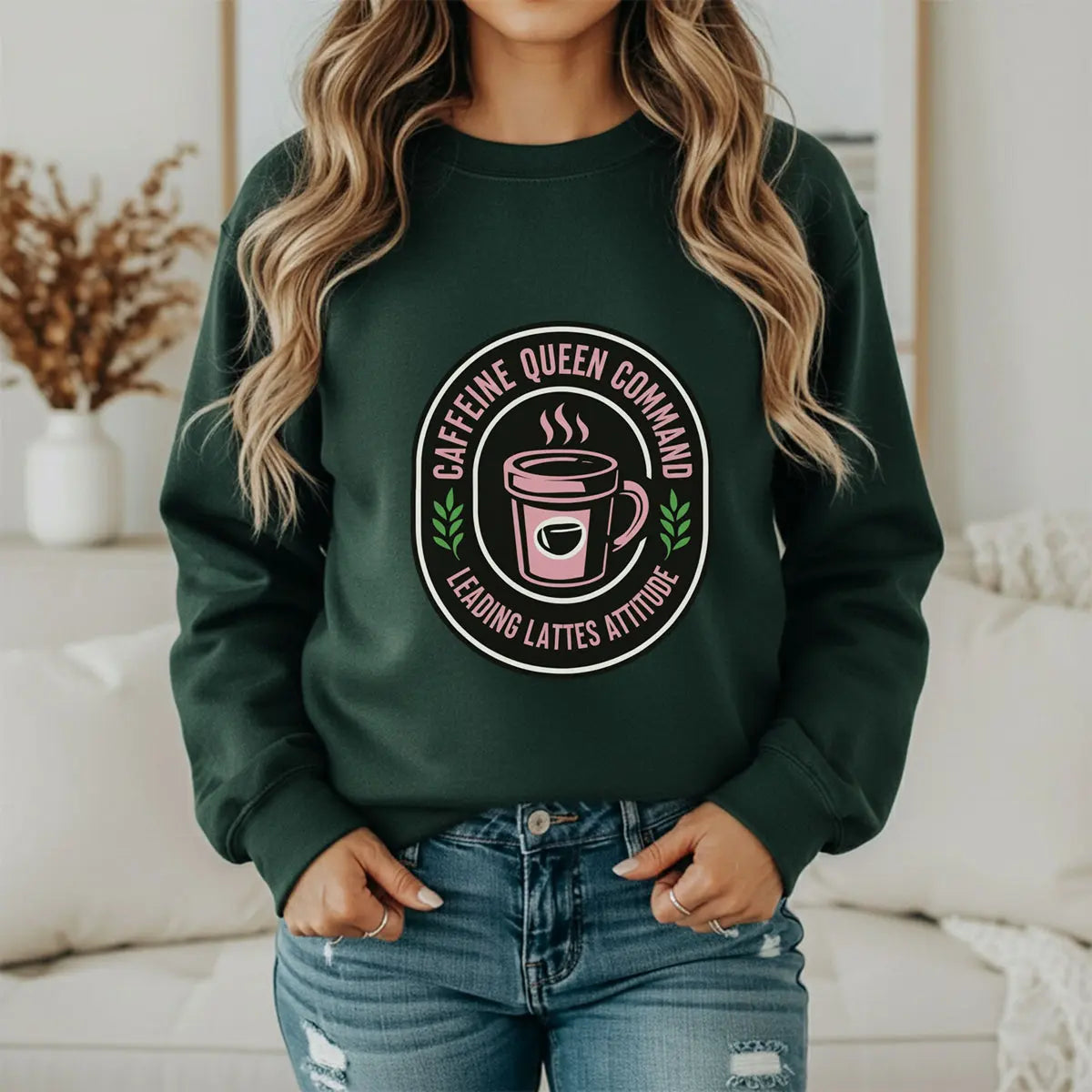 Coffee Crewneck Sweatshirt — "Caffeine Queen Command" Latte Lovers Pullover Printify