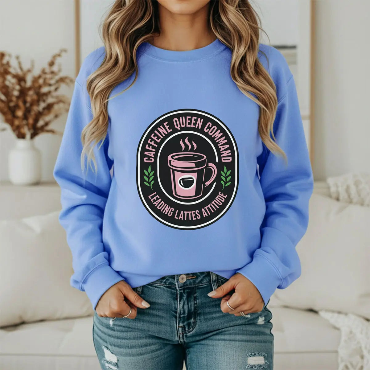 Coffee Crewneck Sweatshirt — "Caffeine Queen Command" Latte Lovers Pullover Printify