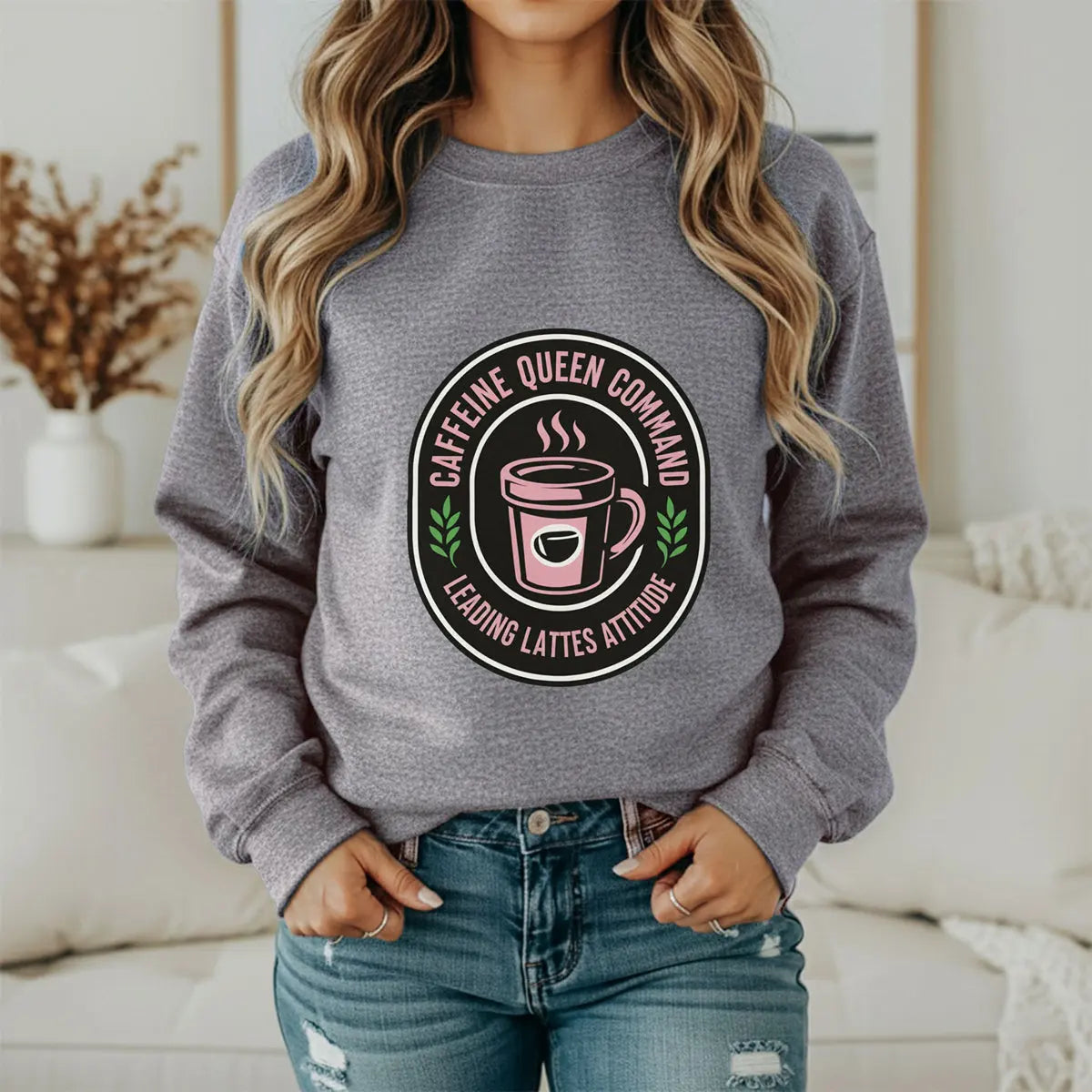 Coffee Crewneck Sweatshirt — "Caffeine Queen Command" Latte Lovers Pullover Printify