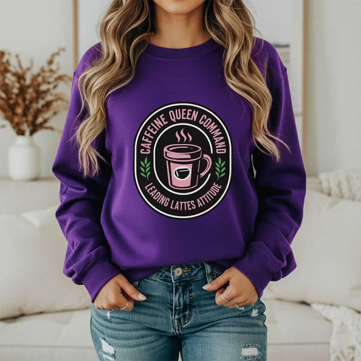 Coffee Crewneck Sweatshirt — "Caffeine Queen Command" Latte Lovers Pullover Printify