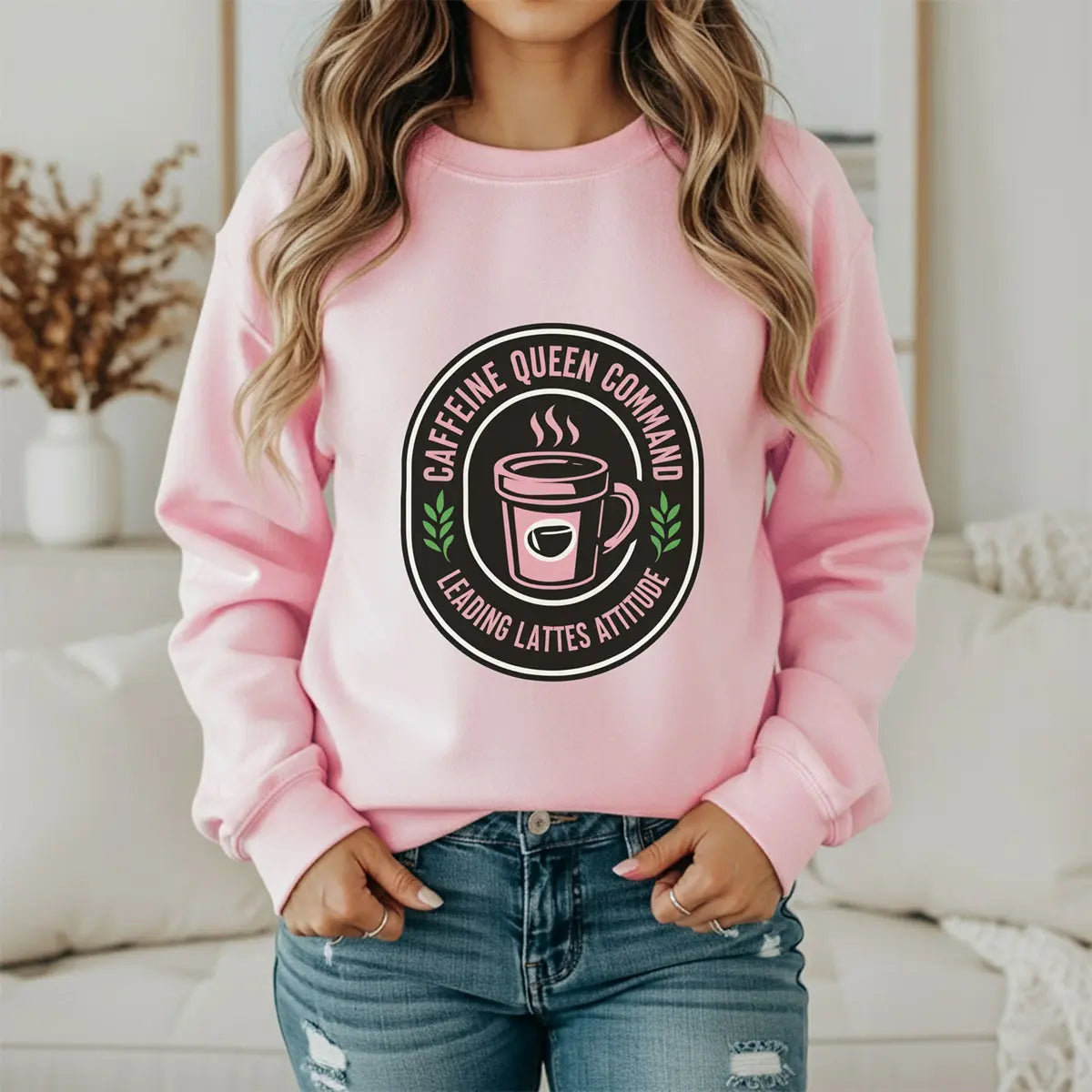 Coffee Crewneck Sweatshirt — "Caffeine Queen Command" Latte Lovers Pullover Printify