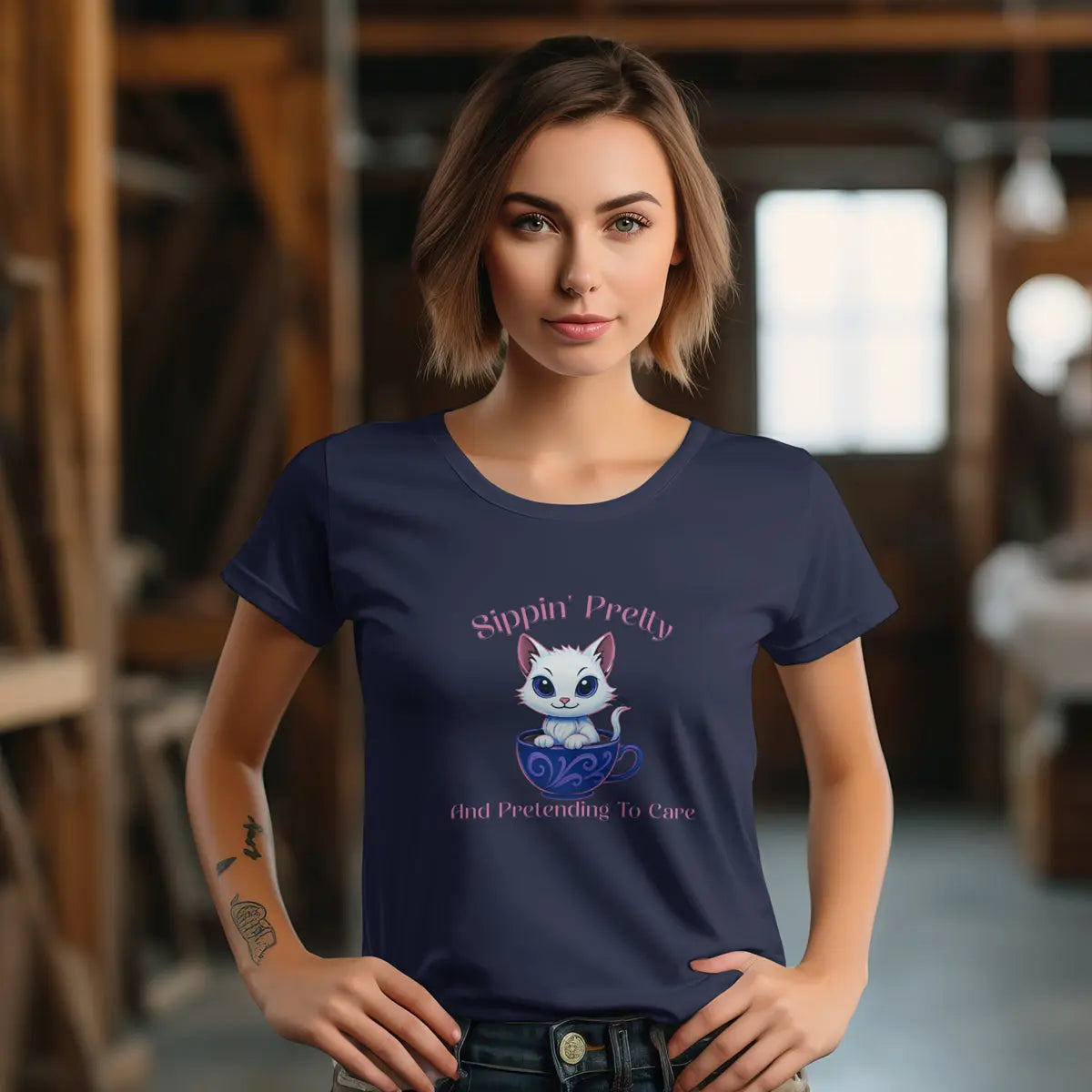 Sippin’ Pretty T-Shirt – and Pretending to Care, Funny Cat Coffee Lover Tee for Women, Sassy Caffeine Queen Gift, Sarcastic Morning Shirt Printify