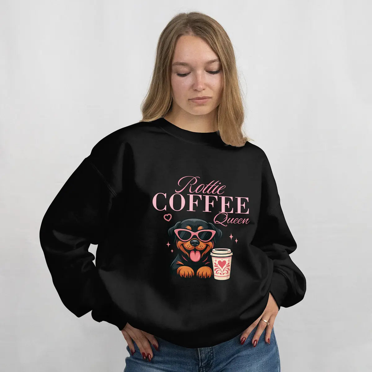Rottie Coffee Sweatshirt — Cute Rottweiler with Coffee Graphic Printify