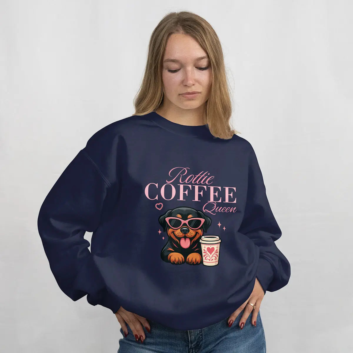 Rottie Coffee Sweatshirt — Cute Rottweiler with Coffee Graphic Printify