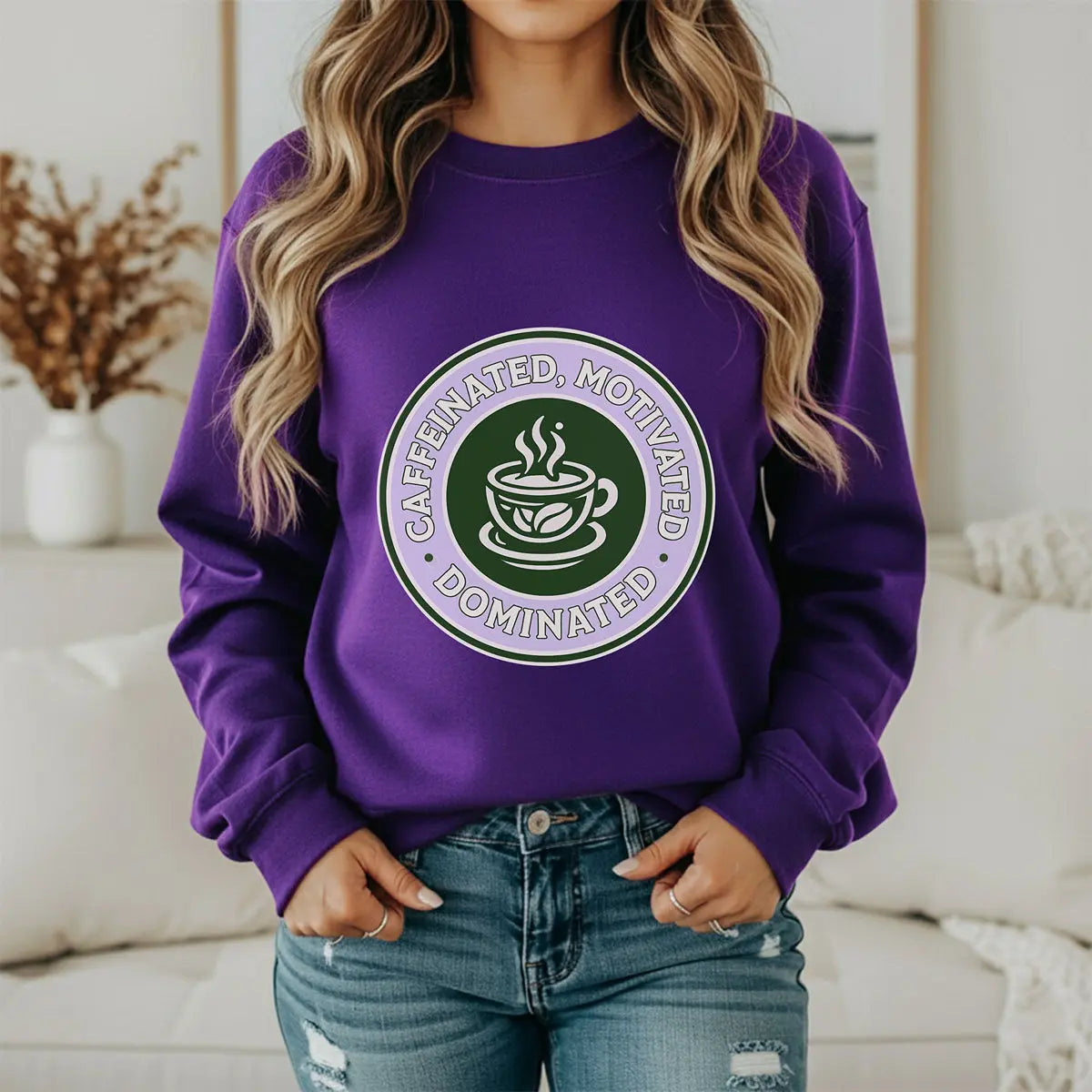 Dominated Sweatshirt — “Caffeinated, Motivated, Dominated” Badge Graphic Printify