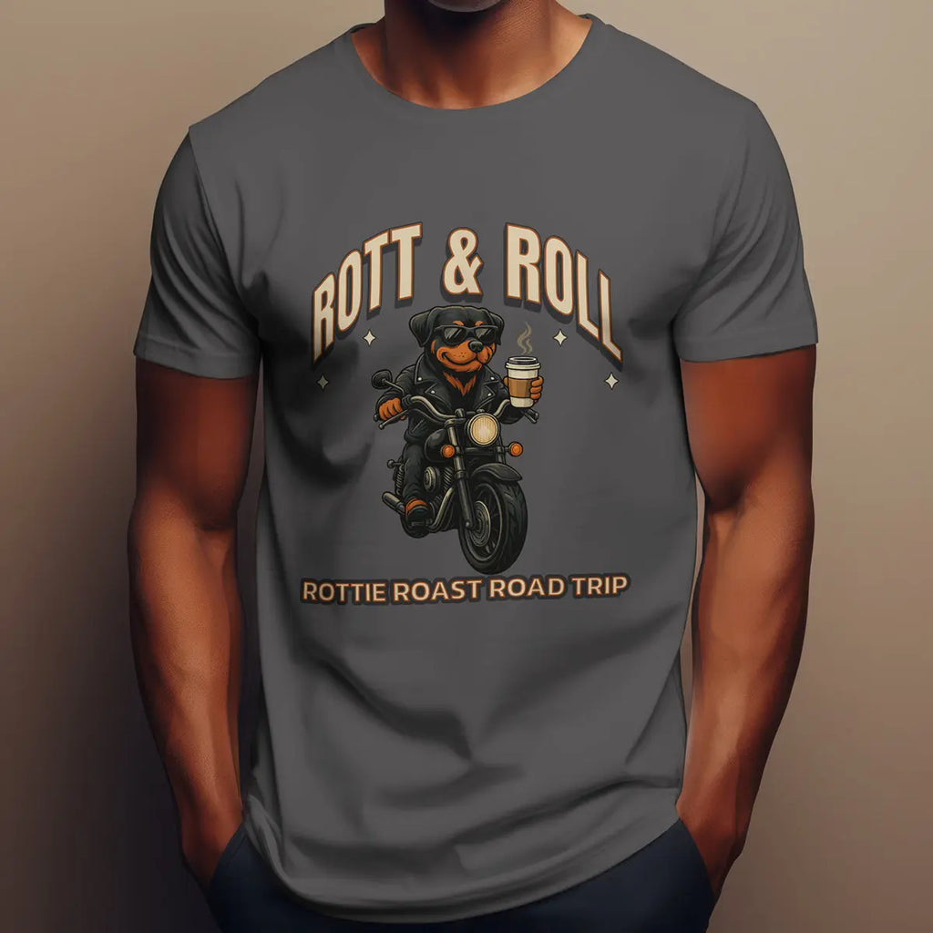 Rott & Roll T-Shirt — 'Rottie Roast Road Trip' Motorcycle Dog Graphic Tee Printify
