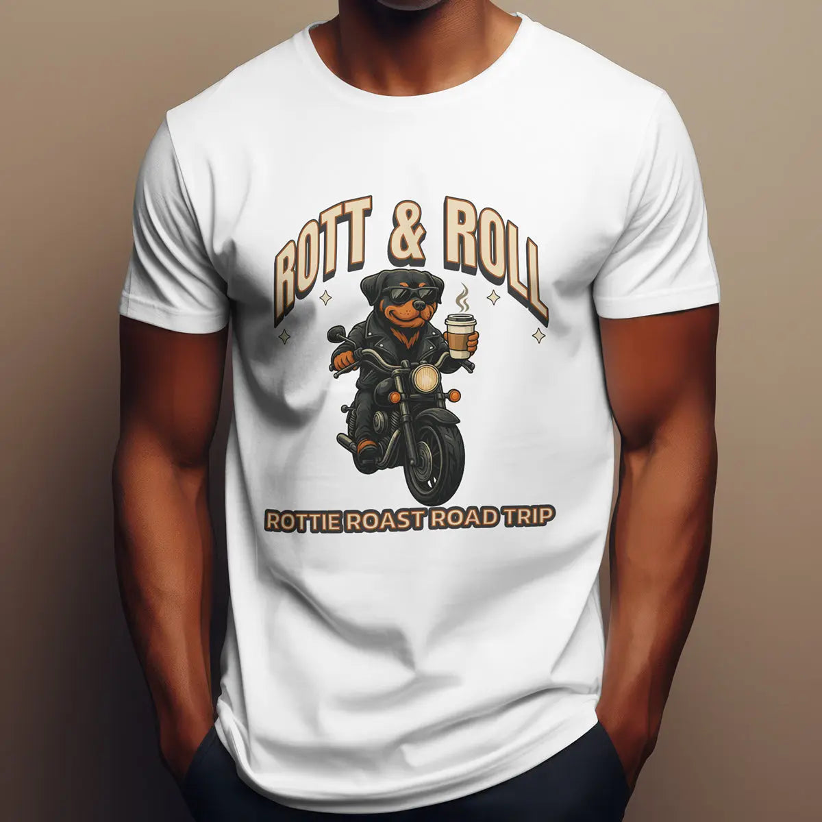 Rott & Roll T-Shirt — 'Rottie Roast Road Trip' Motorcycle Dog Graphic Tee Printify