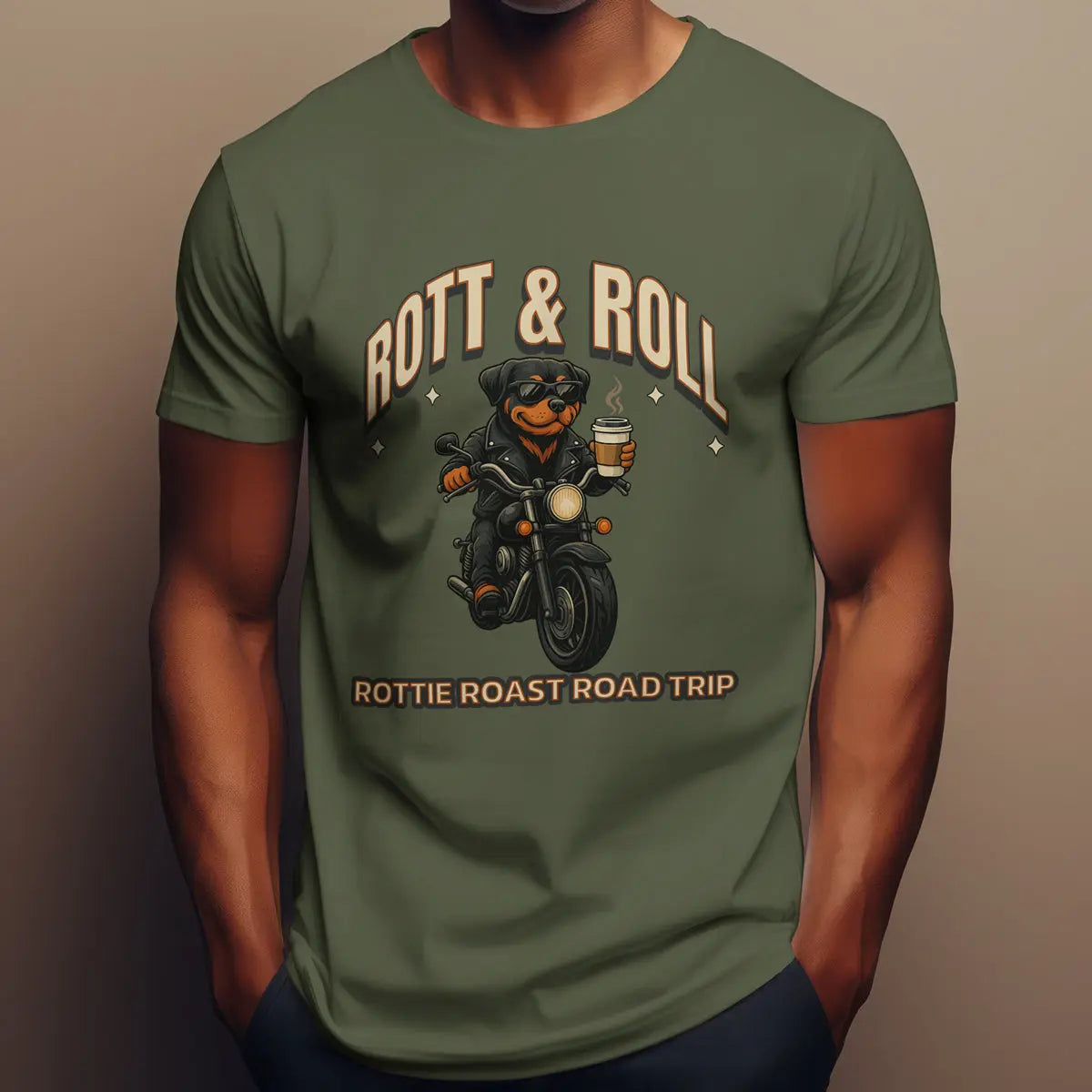 Rott & Roll T-Shirt — 'Rottie Roast Road Trip' Motorcycle Dog Graphic Tee Printify