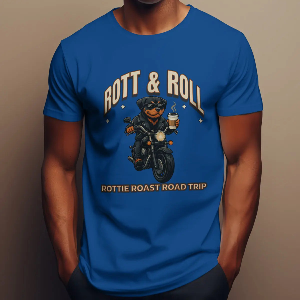 Rott & Roll T-Shirt — 'Rottie Roast Road Trip' Motorcycle Dog Graphic Tee Printify