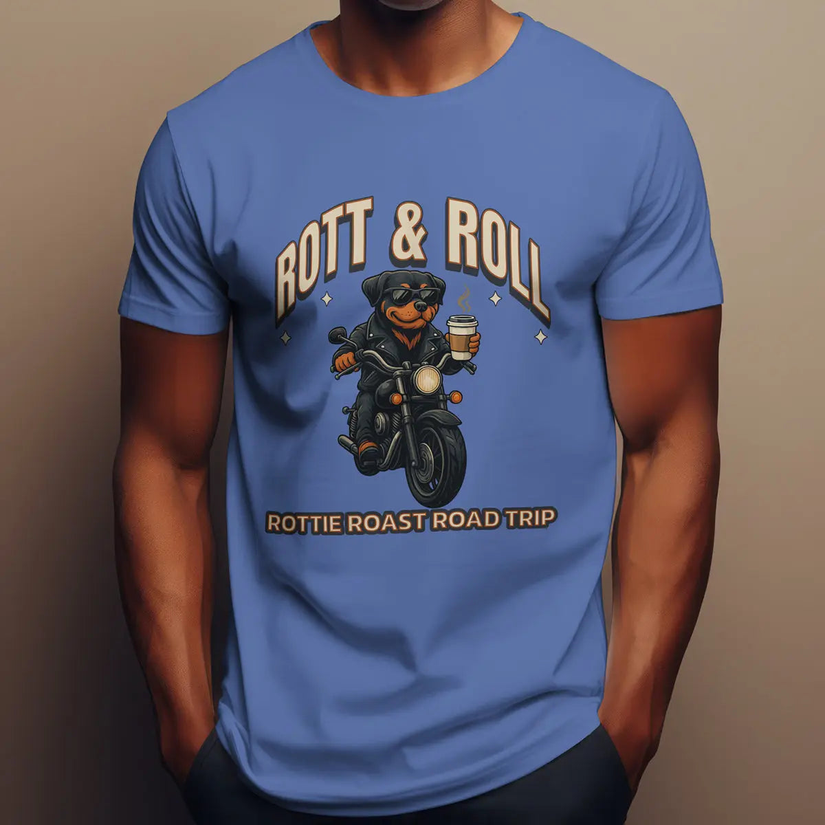 Rott & Roll T-Shirt — 'Rottie Roast Road Trip' Motorcycle Dog Graphic Tee Printify