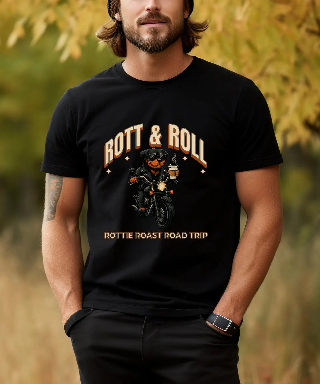Rott & Roll T-Shirt — 'Rottie Roast Road Trip' Motorcycle Dog Graphic Tee Printify