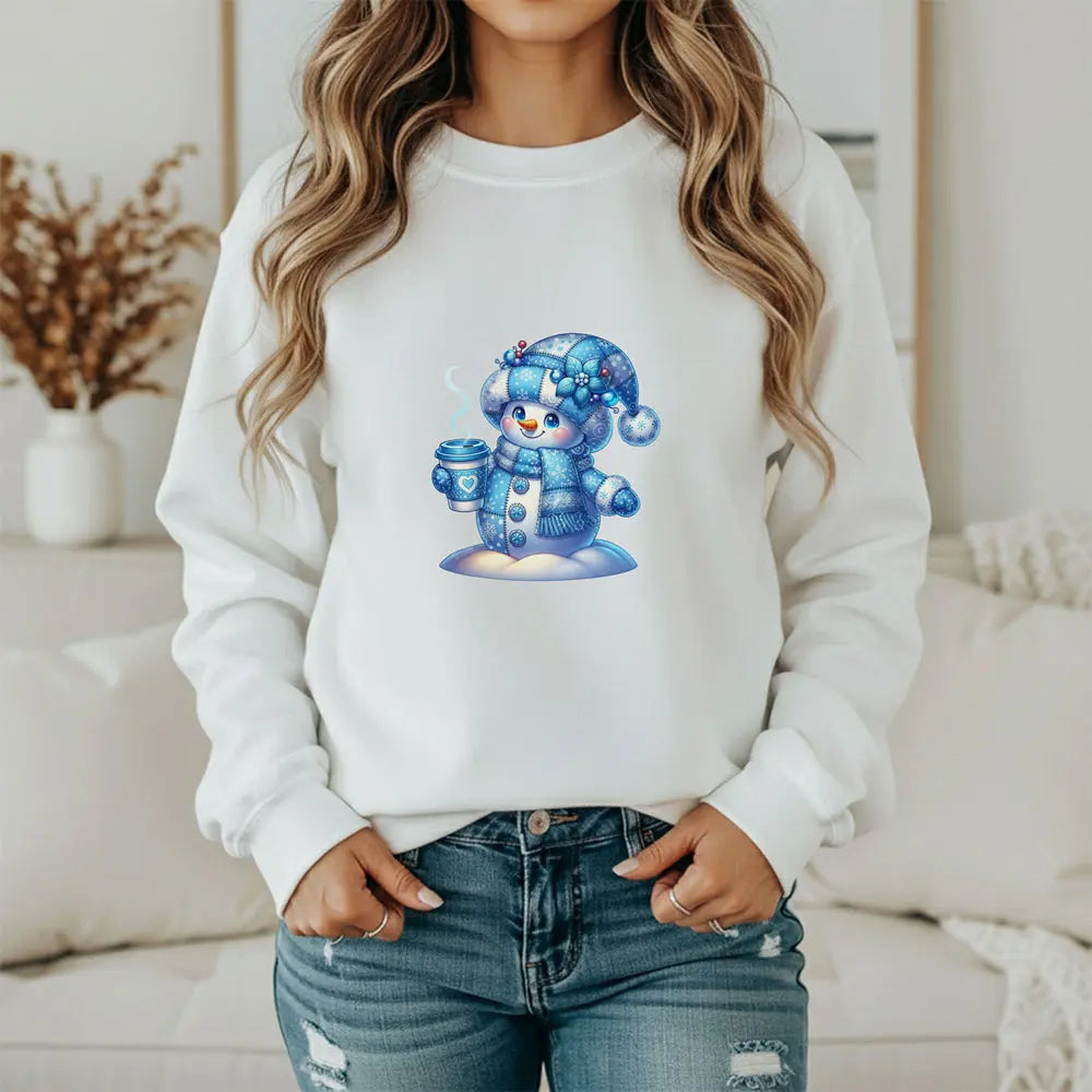 Snowman Coffee Faux Patchwork Sweatshirt — Cute Winter Crewneck Printify