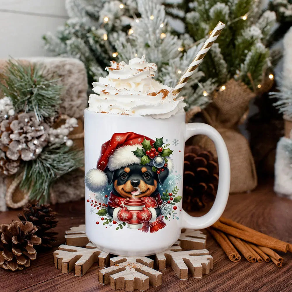 Christmas Rottweiler Puppy Coffee Mug — Cute Santa Hat Dog Ceramic Mug (15oz) Printify