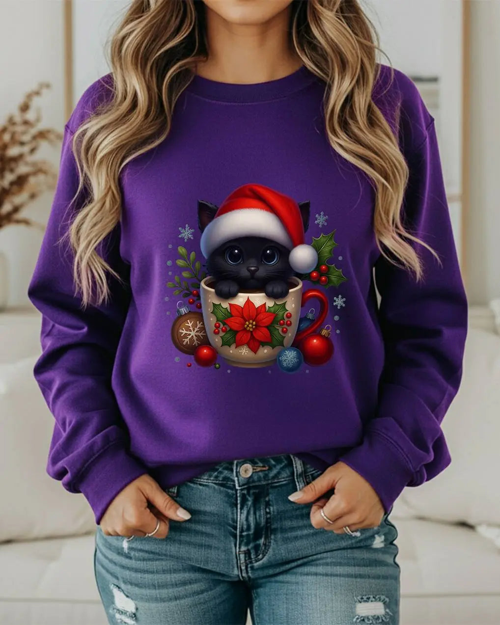 Christmas Kitten Coffee Cup Sweatshirt — Cute Black Cat in Santa Hat Holiday Crewneck Printify