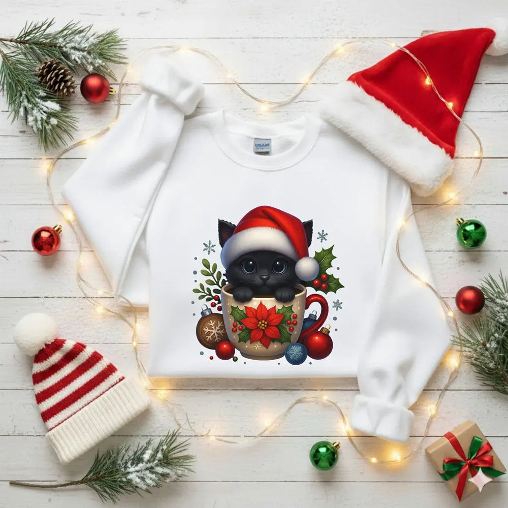 Christmas Kitten Coffee Cup Sweatshirt — Cute Black Cat in Santa Hat Holiday Crewneck Printify