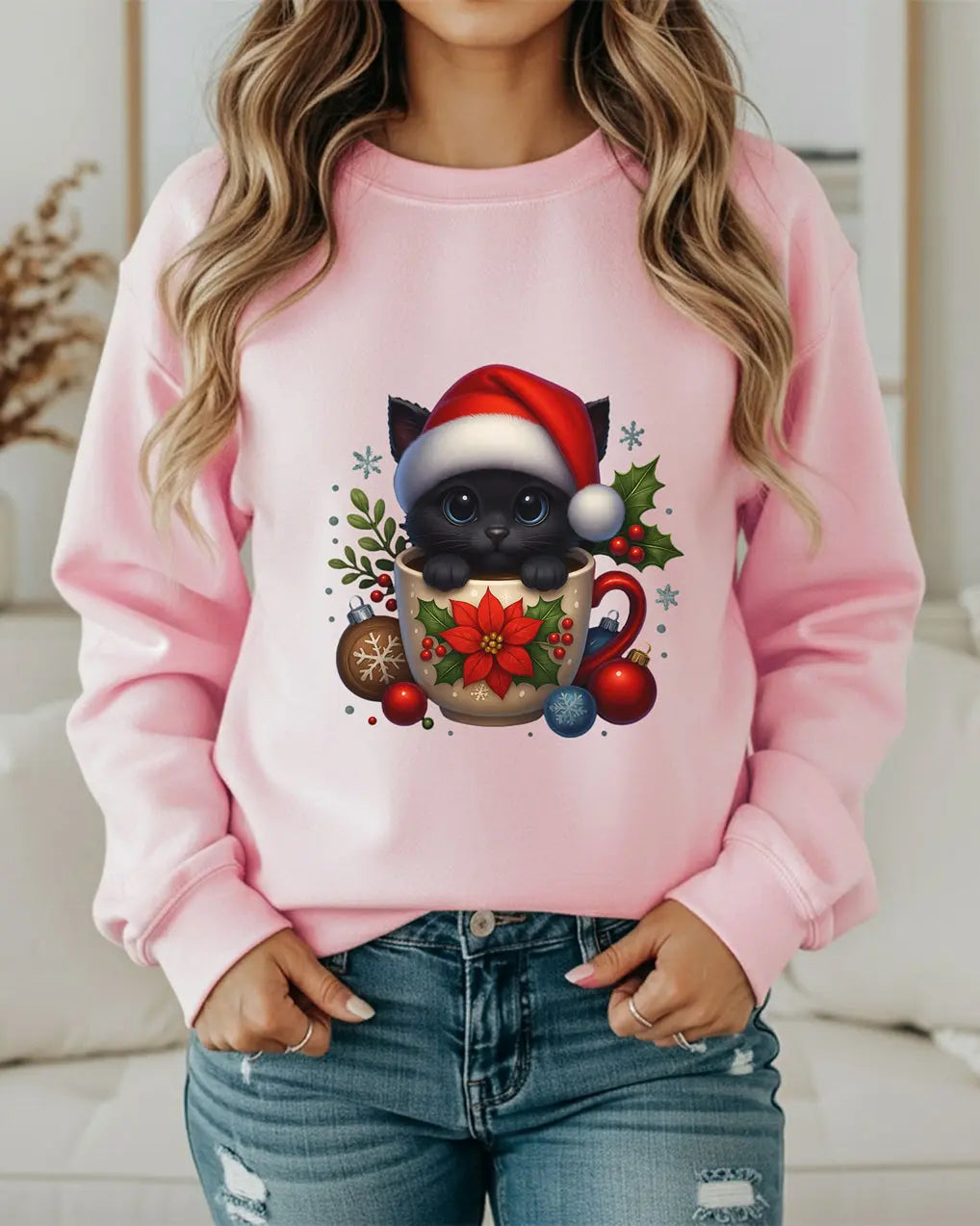 Christmas Kitten Coffee Cup Sweatshirt — Cute Black Cat in Santa Hat Holiday Crewneck Printify