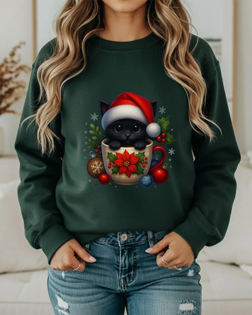 Christmas Kitten Coffee Cup Sweatshirt — Cute Black Cat in Santa Hat Holiday Crewneck Printify