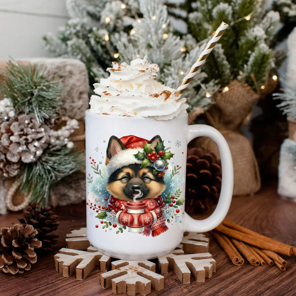 German Shepherd Puppy Christmas Mug — Cute Santa Hat Dog Coffee Ceramic Mug (11oz/15oz) Printify