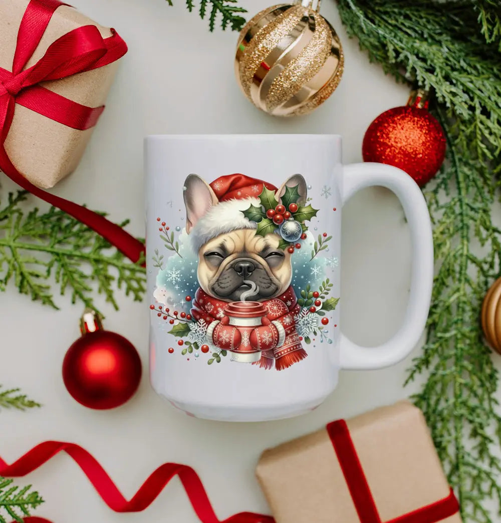 Christmas French Bulldog Coffee Mug — Frenchie in Santa Hat (15oz) Printify