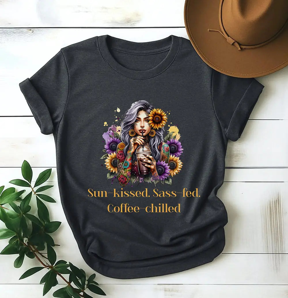 Sun-Kissed Sass-Fed Coffee-Chilled Shirt – Boho Coffee Lover Tee, Sunflower Aesthetic T-Shirt, Sassy Summer Caffeine Gift Printify