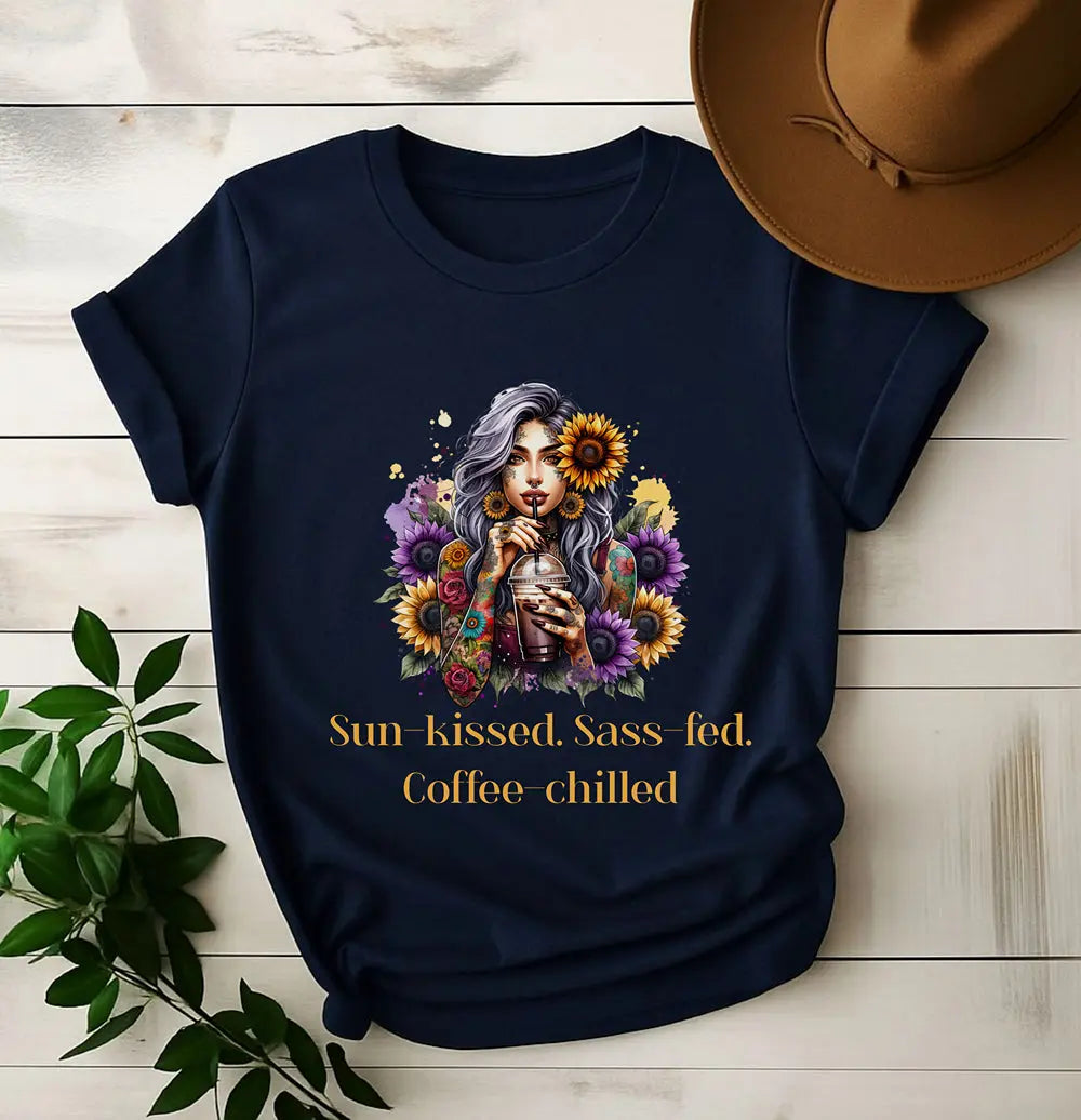Sun-Kissed Sass-Fed Coffee-Chilled Shirt – Boho Coffee Lover Tee, Sunflower Aesthetic T-Shirt, Sassy Summer Caffeine Gift Printify