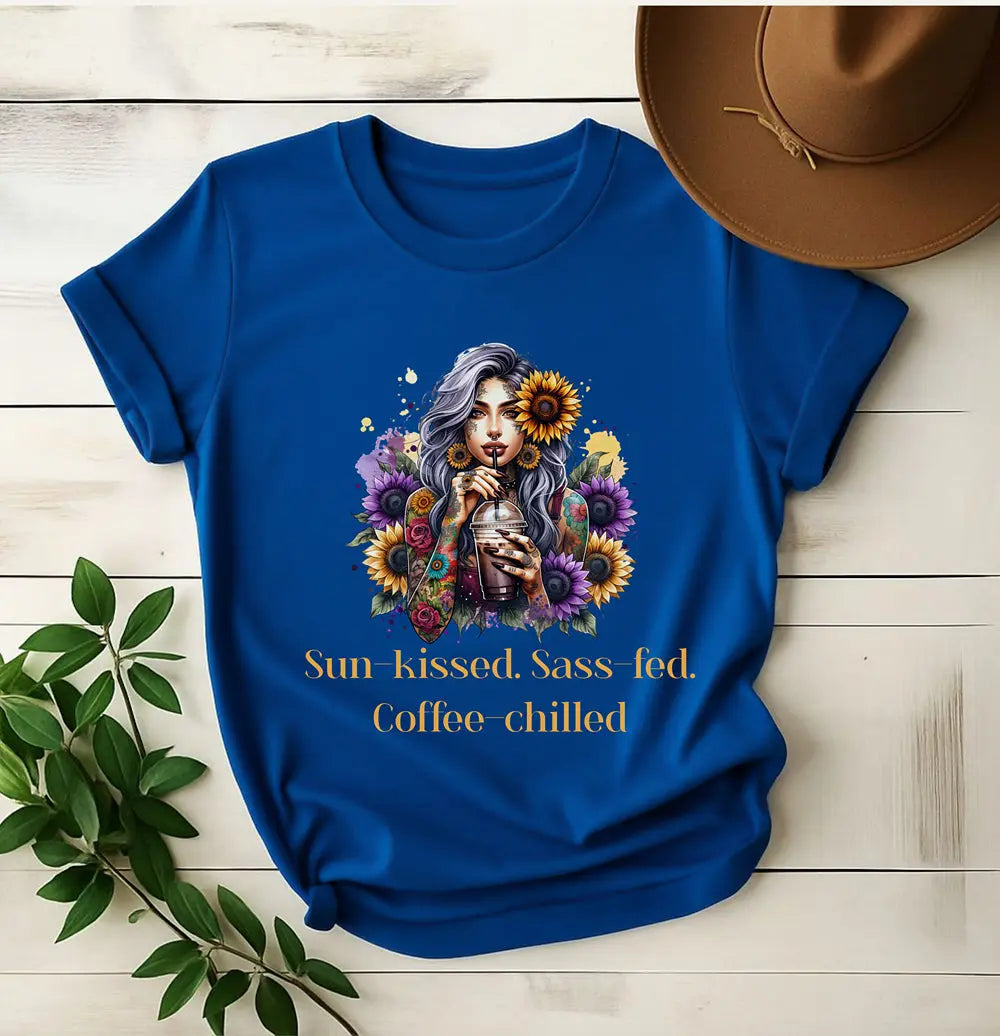 Sun-Kissed Sass-Fed Coffee-Chilled Shirt – Boho Coffee Lover Tee, Sunflower Aesthetic T-Shirt, Sassy Summer Caffeine Gift Printify