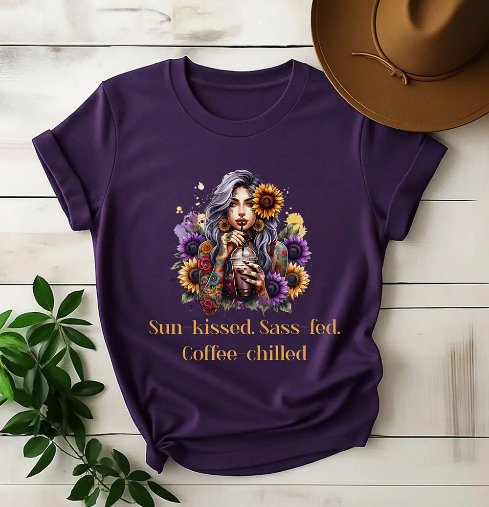 Sun-Kissed Sass-Fed Coffee-Chilled Shirt – Boho Coffee Lover Tee, Sunflower Aesthetic T-Shirt, Sassy Summer Caffeine Gift Printify