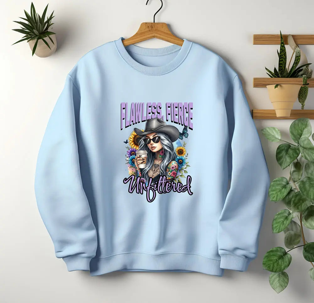 Unfiltered Cowgirl Sweatshirt - Cute Sassy Cowgirl Coffee Flower Shirt Printify