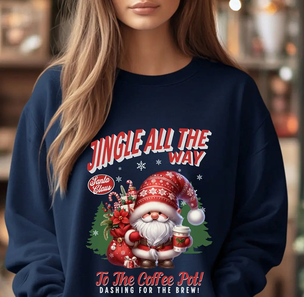 Jingle All the Way Sweatshirt - Cute Santa Holding Coffee and Toys Printify