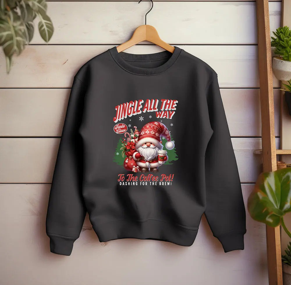 Jingle All the Way Sweatshirt - Cute Santa Holding Coffee and Toys Printify