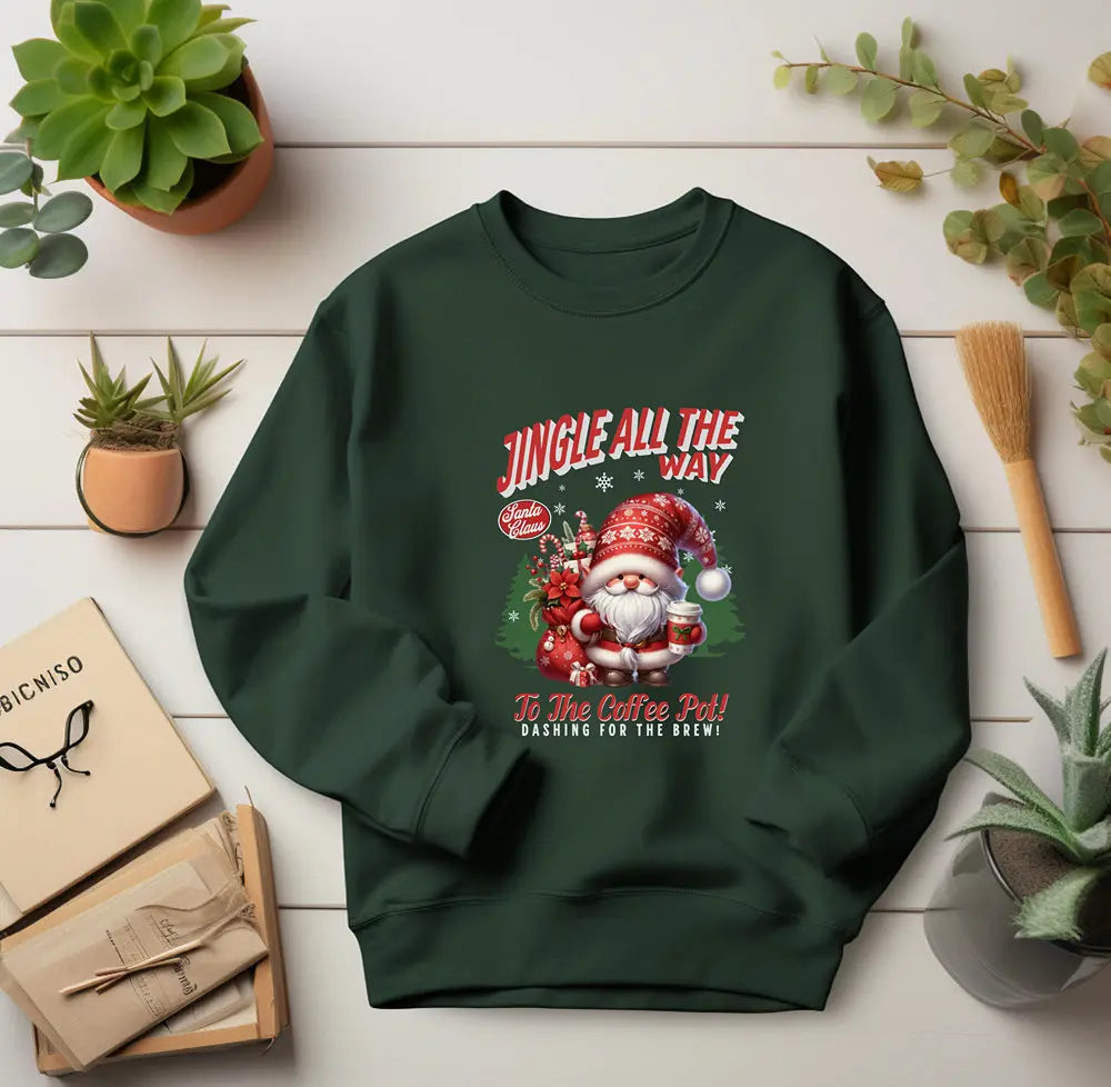 Jingle All the Way Sweatshirt - Cute Santa Holding Coffee and Toys Printify