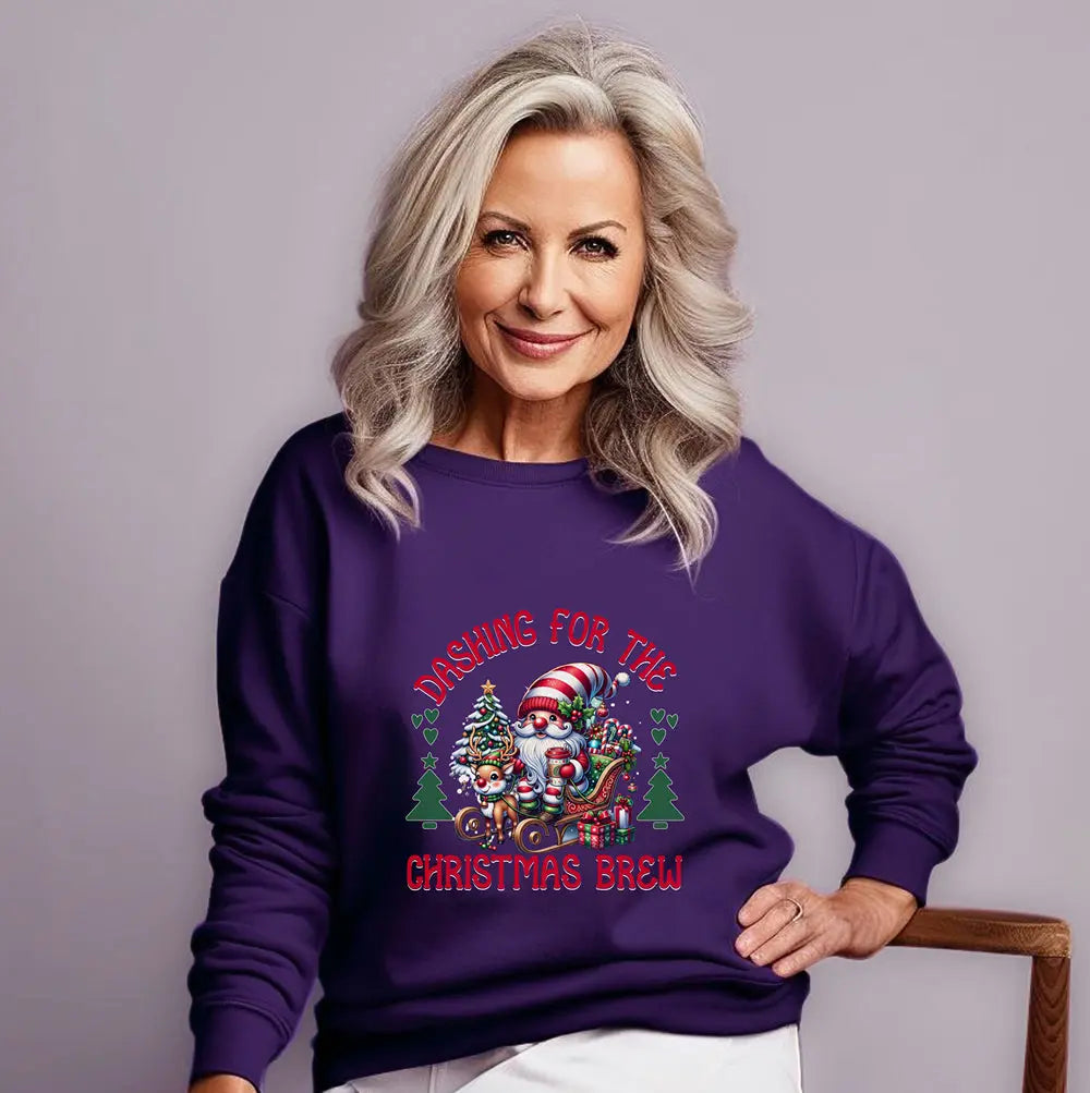 Dashing for the Brew Sweatshirt - Cute Christmas Santa in sleigh with toys and coffee Printify