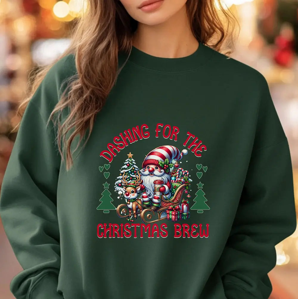 Dashing for the Brew Sweatshirt - Cute Christmas Santa in sleigh with toys and coffee Printify