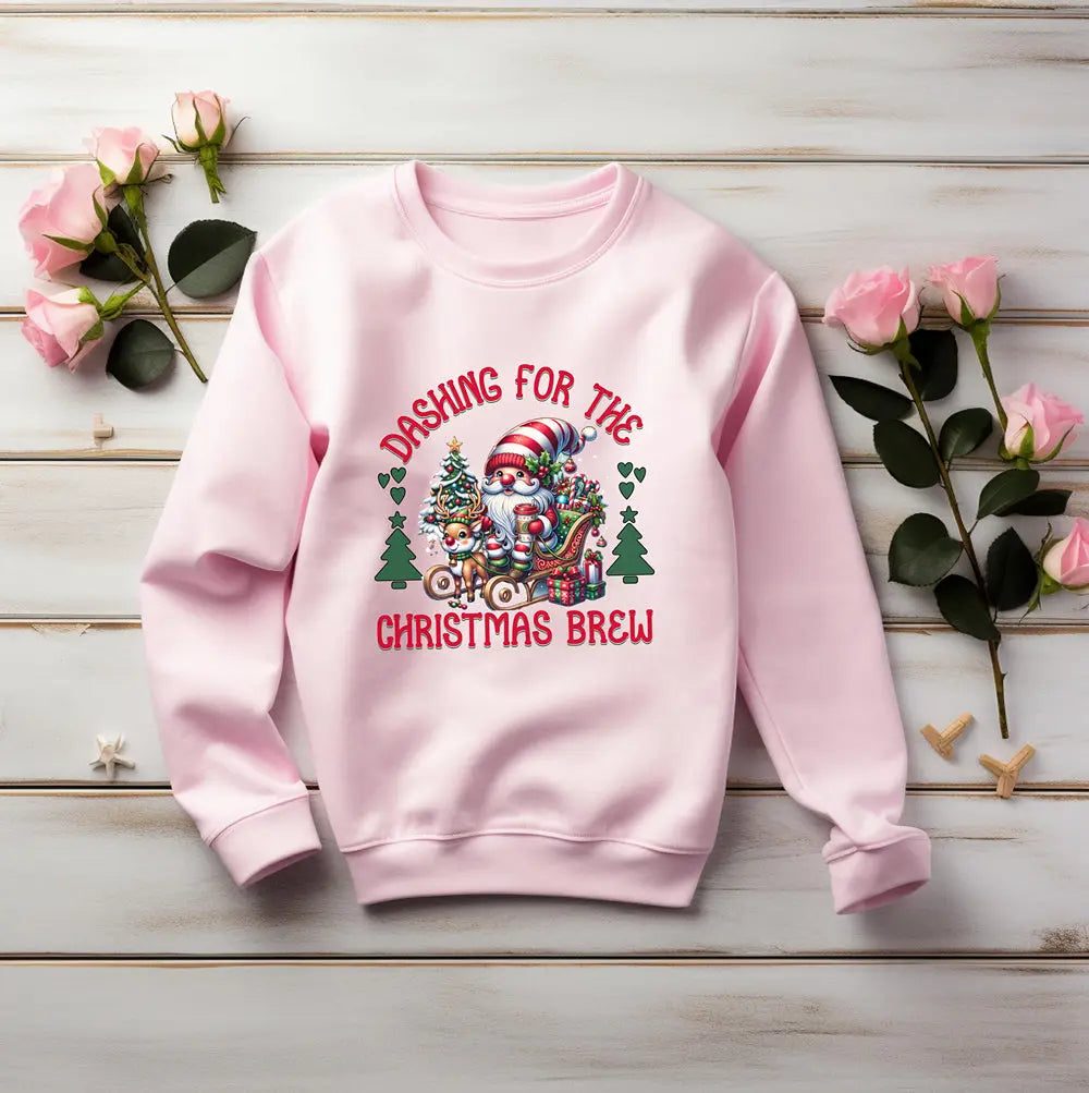 Dashing for the Brew Sweatshirt - Cute Christmas Santa in sleigh with toys and coffee Printify