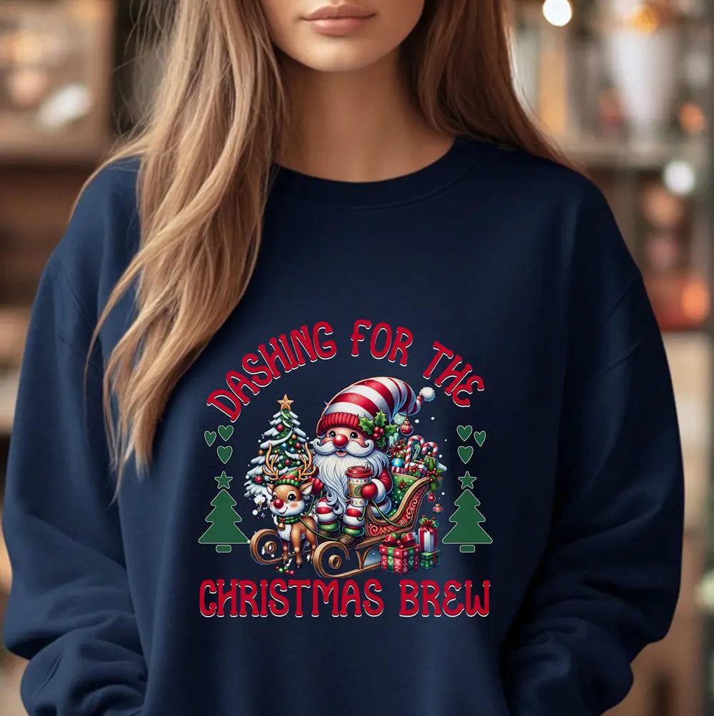 Dashing for the Brew Sweatshirt - Cute Christmas Santa in sleigh with toys and coffee Printify