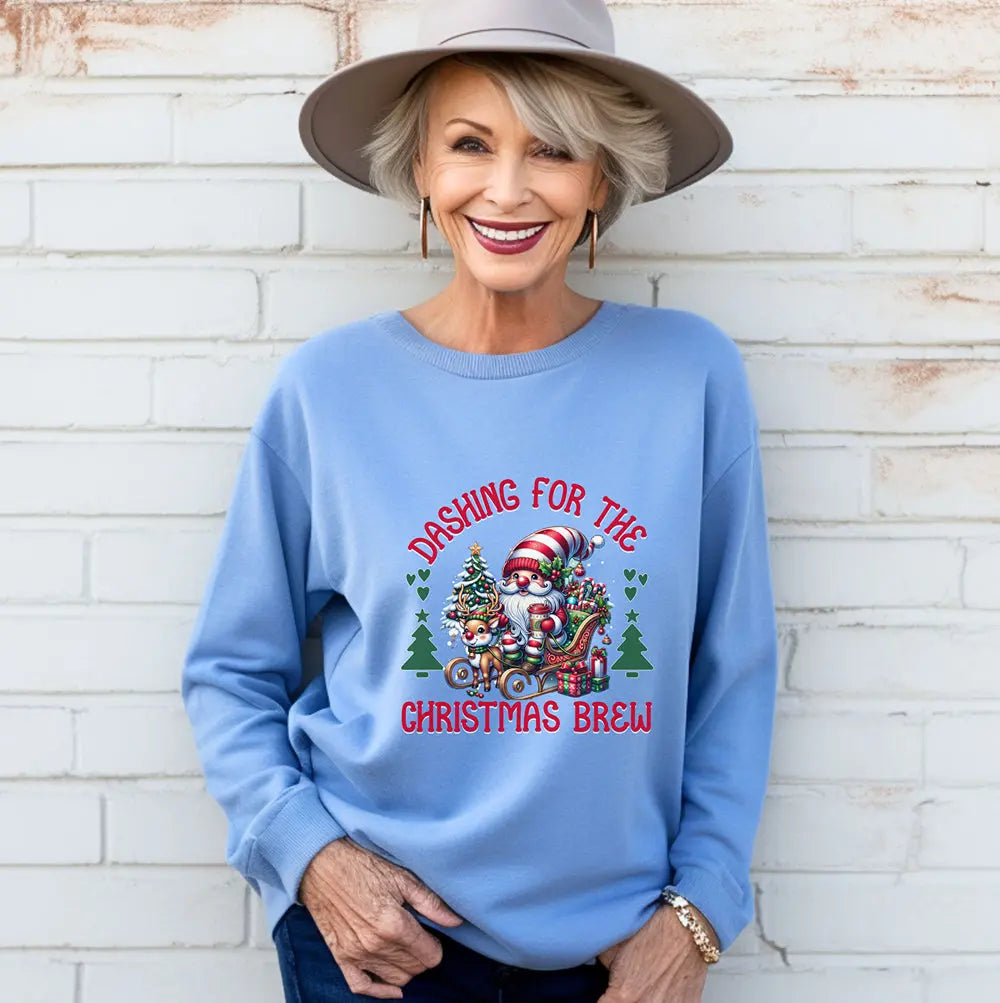 Dashing for the Brew Sweatshirt - Cute Christmas Santa in sleigh with toys and coffee Printify