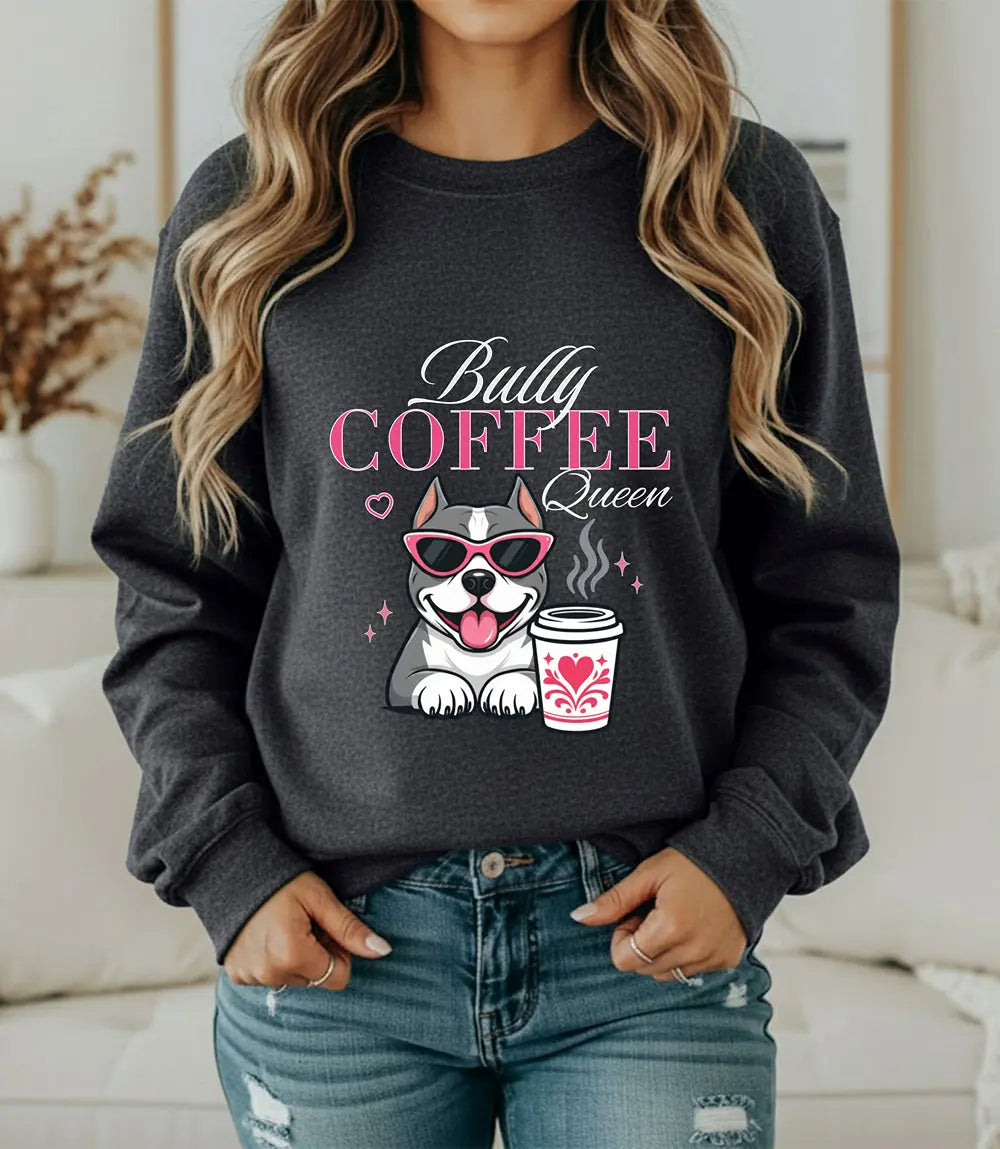 Bully Coffee Queen Sweatshirt — Pitbull with Coffee & Pink Shades Printify