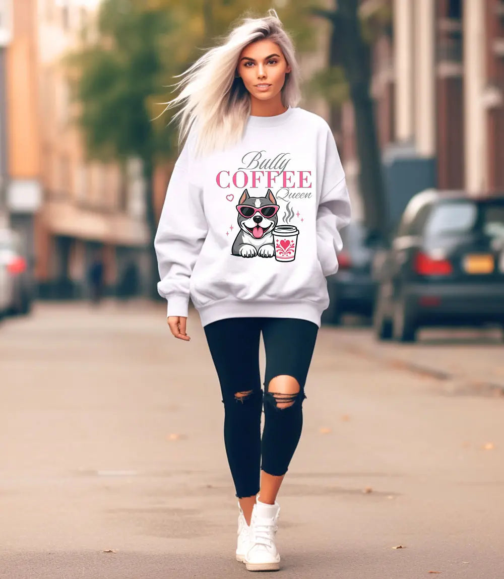 Bully Coffee Queen Sweatshirt — Pitbull with Coffee & Pink Shades Printify