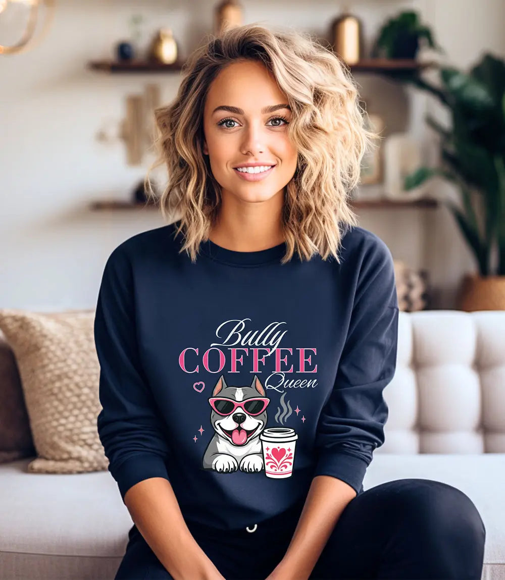 Bully Coffee Queen Sweatshirt — Pitbull with Coffee & Pink Shades Printify