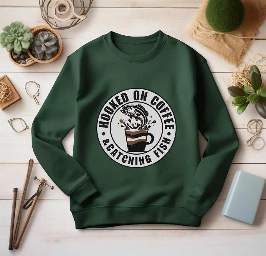 Hooked on Coffee and Catching Fish Sweatshirt Printify