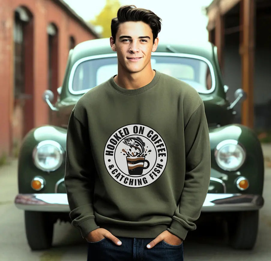 Hooked on Coffee and Catching Fish Sweatshirt Printify