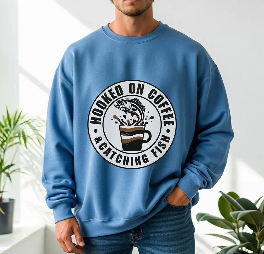 Hooked on Coffee and Catching Fish Sweatshirt Printify