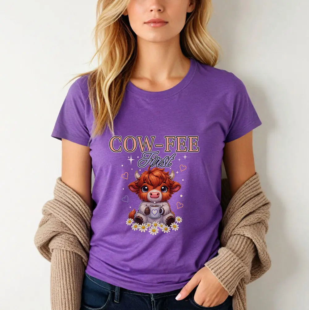 Cute Cow Coffee Tee — "Cow-fee First" Women's Softstyle T-Shirt Printify
