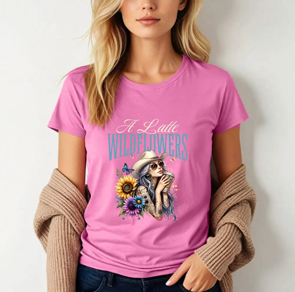 Women's Cowgirl Tee — 'A Latte Wildflowers' Cowboy Hat Coffee Sunflowers Design Printify